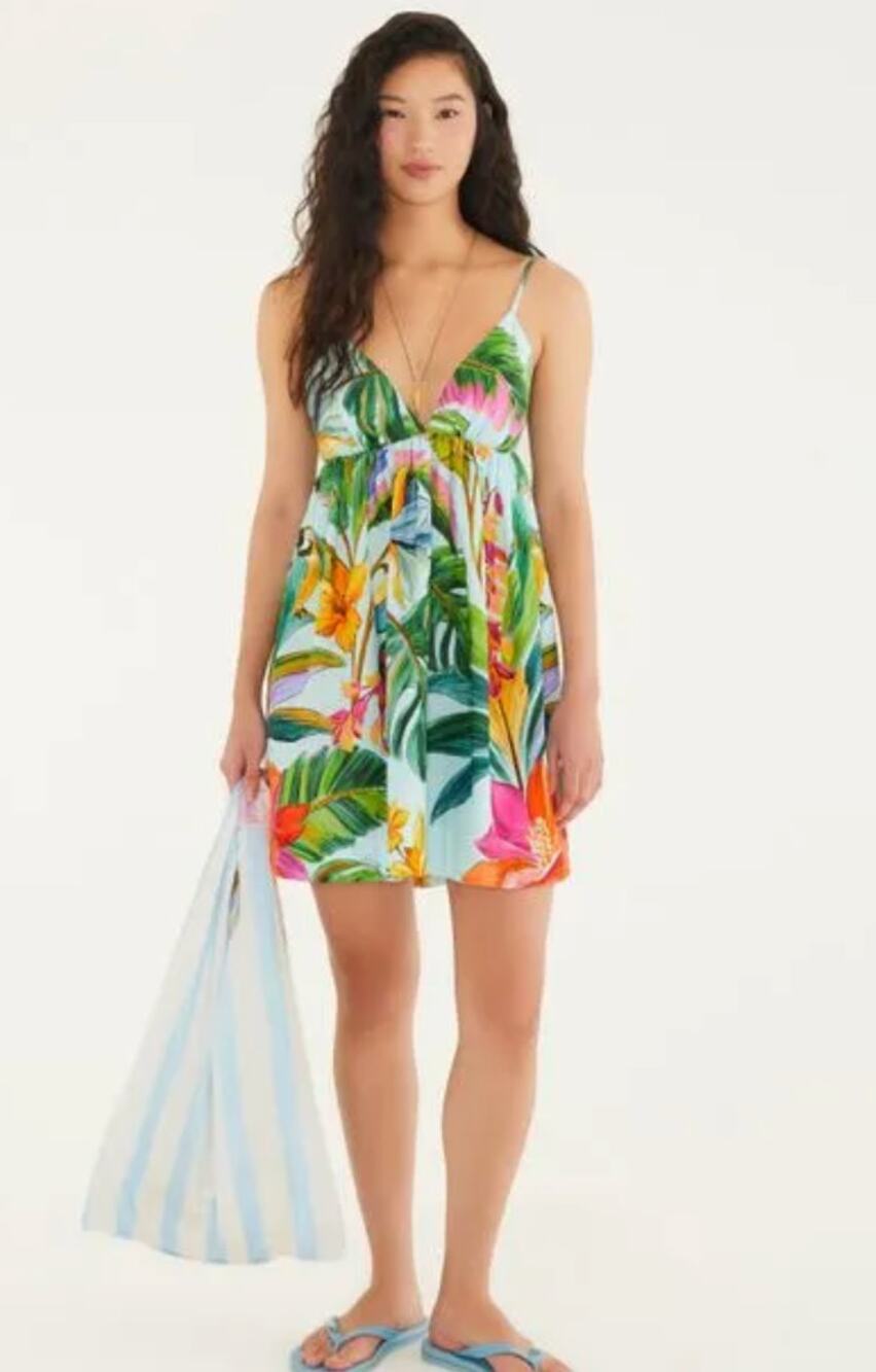 Farm Rio Dress XS Tropical Parrot Swing Mini V Neck Sundress Boho Resort Summer
